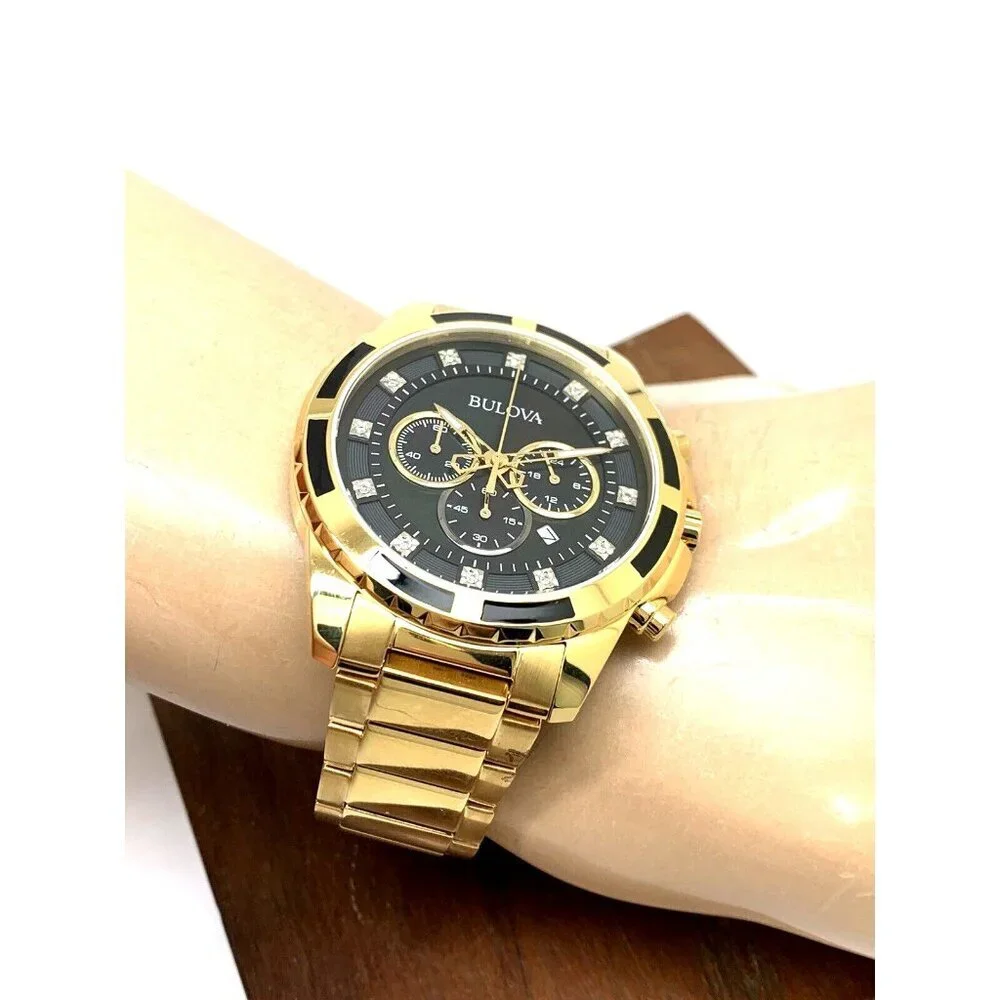 Bulova Men's Watch 97D121 Chronograph Gold Tone Stainless Steel Diamond Dial